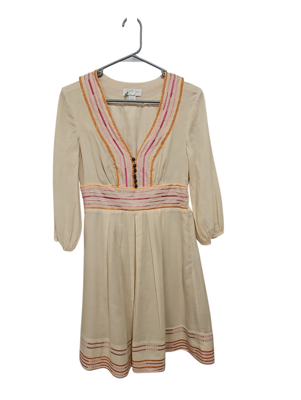 Jessica Simpson Pink Embroidery  Boho Peasant Mini Dress Cream V-Neck Sz 6